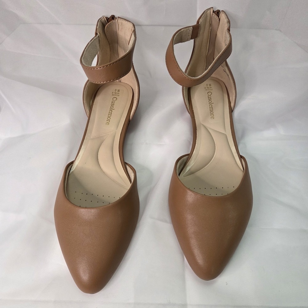 Cusolemore Angela Tan Ankle Strap Ballet Flat‎ Sz 8.5 Minimalist Capsule Neutral